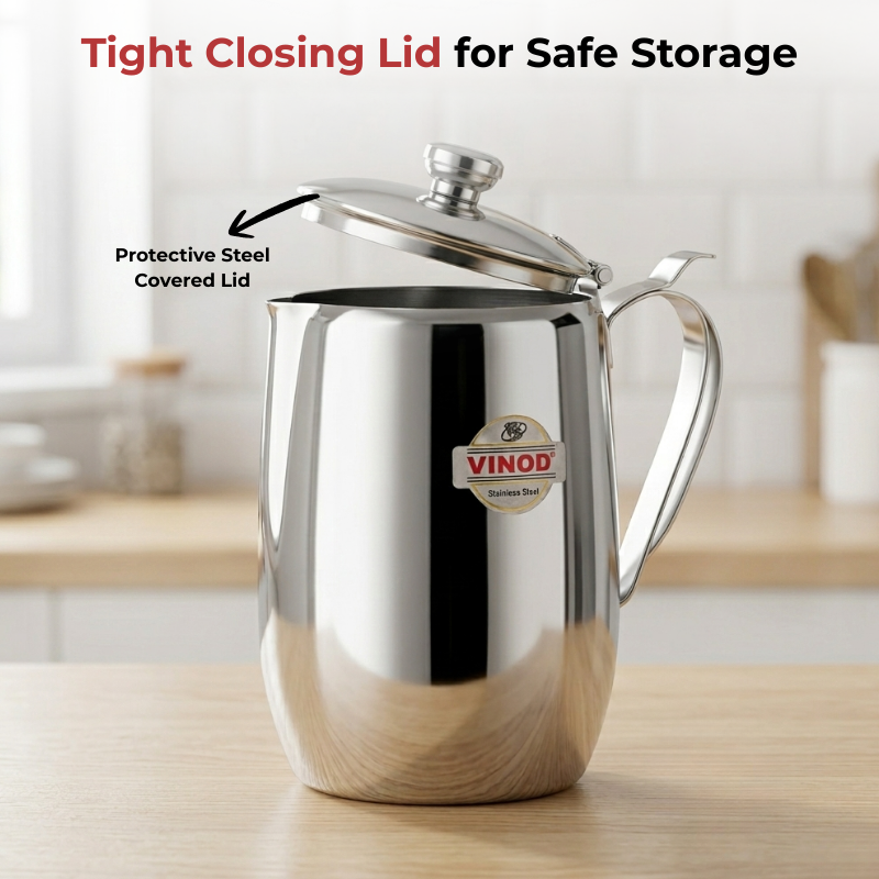 VINOD Stainless Steel Delux Jug with Covered - 2000 ml, Highest Grade Steel, Tough Build, Rust Free, Leakage Proof & Dishwasher Safe