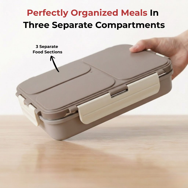 Vinod stainless steel 3 compartment tiffin in grey, silicone-sealed airtight lid, in-use view