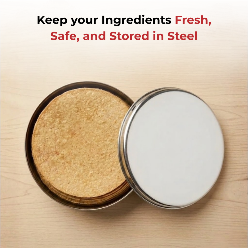 VINOD Stainless Steel Papad Dabba with Mirror Finish, Tough & Strong Build, Rust Free, Easy to Clean & Dishwasher Safe – 9.5 Inch (No.14)