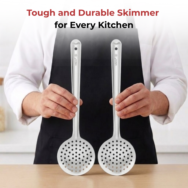 Vinod Stainless Steel Cooking Skimmer / Steel Jharni / Jhara Set of 2, in-use view