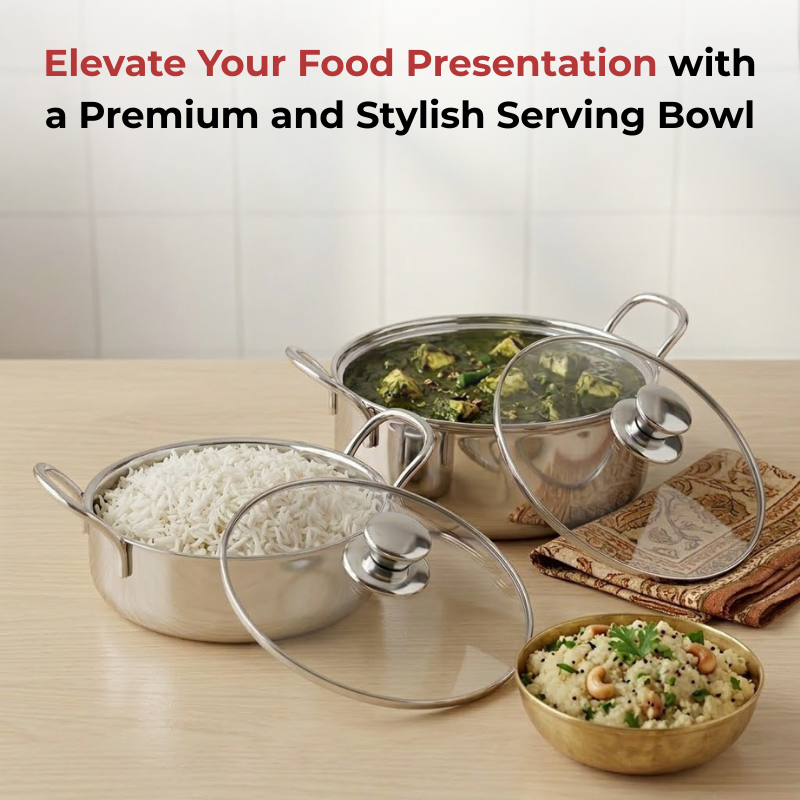 Vinod Stainless Steel Elite Bowl 2 Pcs Set with Glass Lid & Side Handles, in-use view