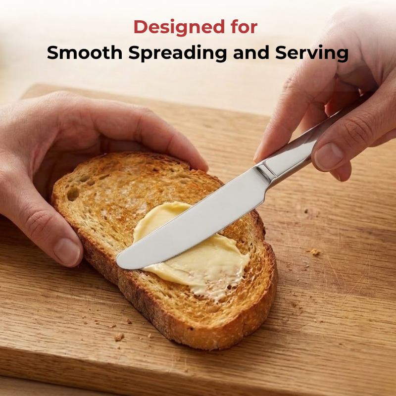 Vinod Aero stainless steel dinner knife set of 6, in-use view