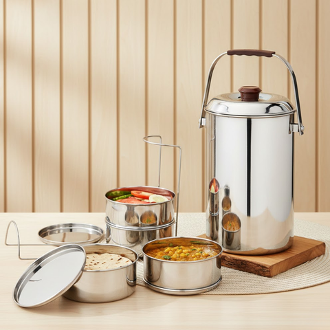 Vinod stainless steel deluxe hot tiffin with 4 compartments, front view