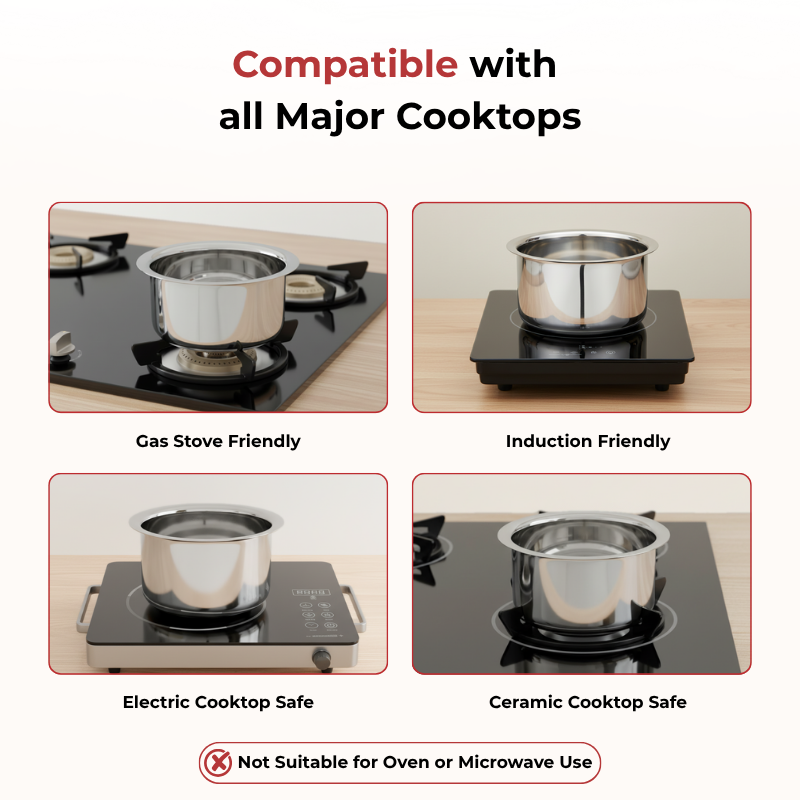Vinod Stainless Steel Flat Bottom Tope without Lid, in-use view