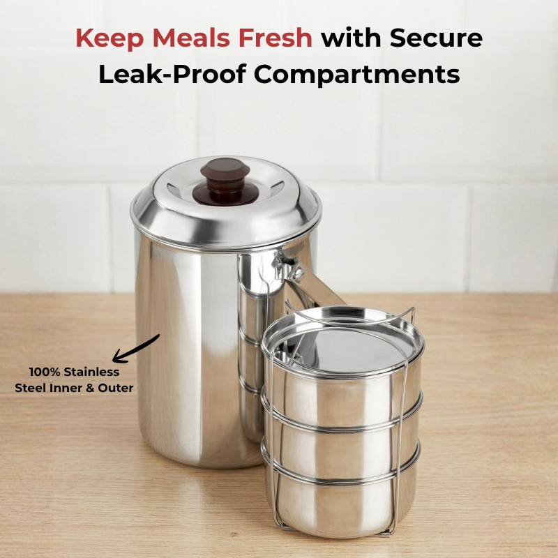 Vinod Stainless Steel Deluxe Hot Tiffin with 3 Compartment, in-use view