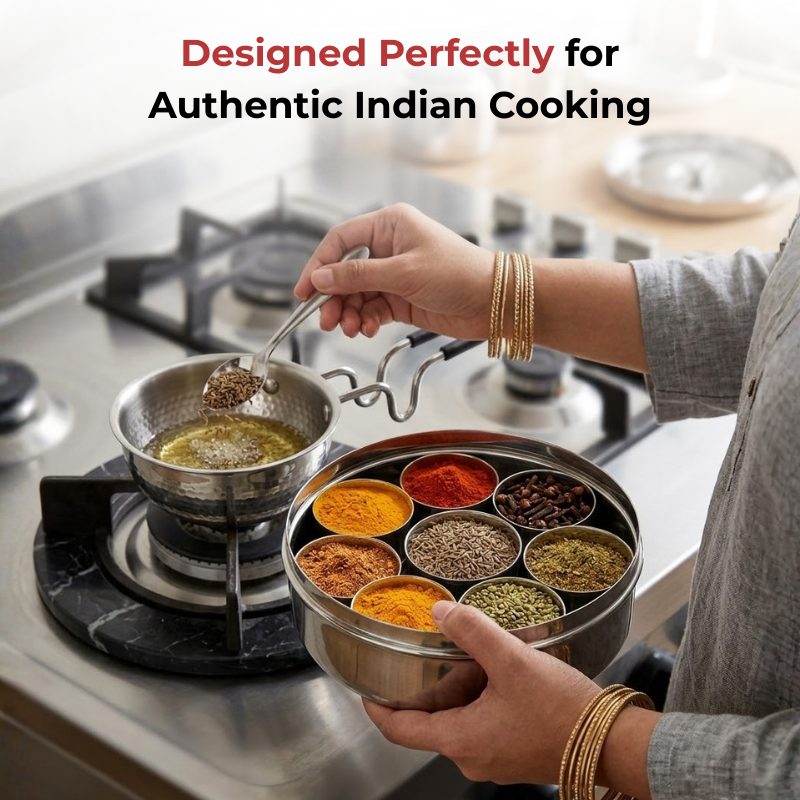 VINOD Stainless Steel Masala Dabba / Spice Box with 7 Containers, Spoon & Inner Lid, Mirror Finish, Rust Free Build - 8 Inch (No.12)