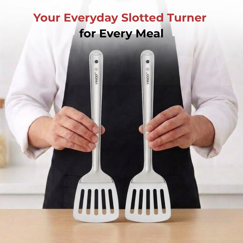 Vinod Stainless Steel Basting Slotted Turner / Cooking Palta Set of 2, in-use view