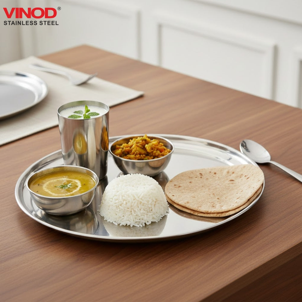 Vinod Stainless Steel Rajbhog Thali Set (5 Pieces) – Stainless Steel Dinner Set with Plate, Bowls, Glass & Spoon