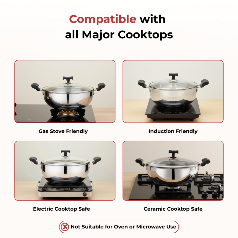 Vinod Doniv Stainless Steel Sandwich Bottom Solitaire Kadai With Glass Lid & Side handle, product view 7