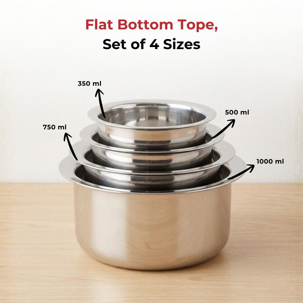 Vinod Stainless Steel Induction Friendly Flat Bottom Cooking Tope With 1.5mm Thickness | 18 Gauge Durable Steel  4 Pcs | Capacity 350ml, 500ml and 750ml  | No 7 to 10