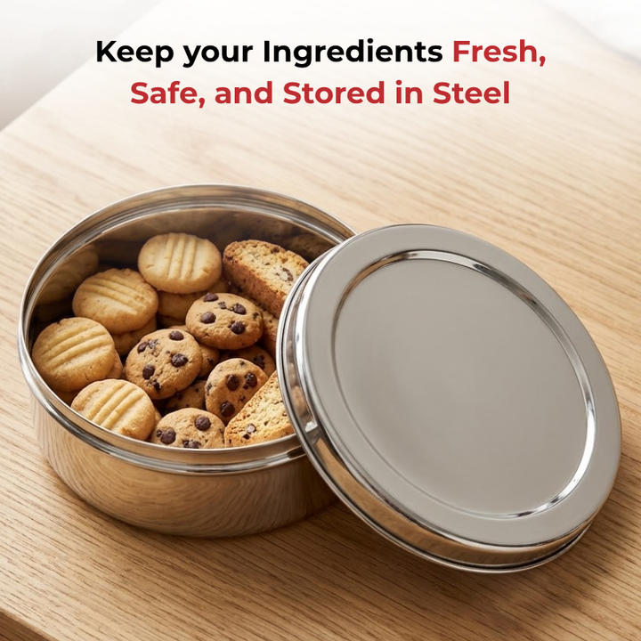 VINOD Stainless Steel Puri Dabba Set of 4 - Capacity: 1200 ml, 1500 ml, 2100 ml, 2500 ml, Heavy Gauge Steel, Airtight Lids & Mirror Finish