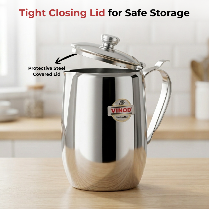 VINOD Stainless Steel Delux Jug Covered - 1400 ml with High Grade Stainless Steel, Mirror Finish, Leakage Proof, Tough & Durable