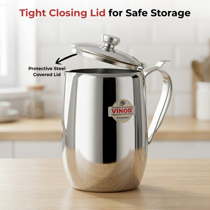 VINOD Stainless Steel Delux Jug Covered - 1400 ml with High Grade Stainless Steel, Mirror Finish, Leakage Proof, Tough & Durable
