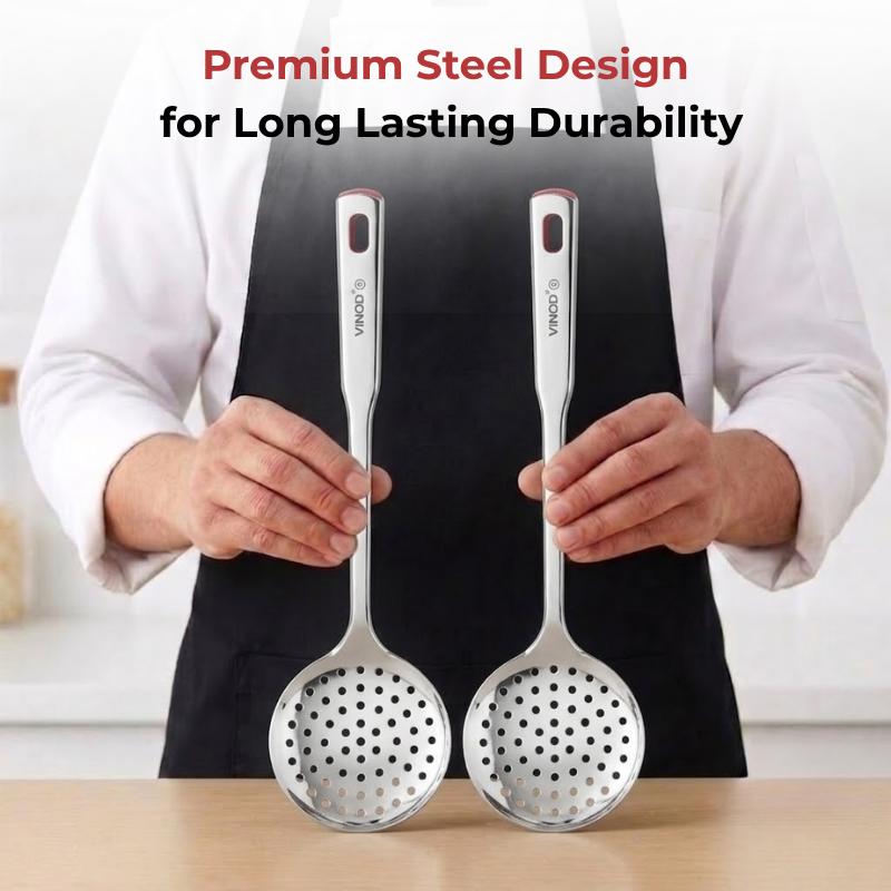Vinod Stainless Steel Queens Perforated Skimmer Heavy Gauge Strainer, Set of 2, in-use view