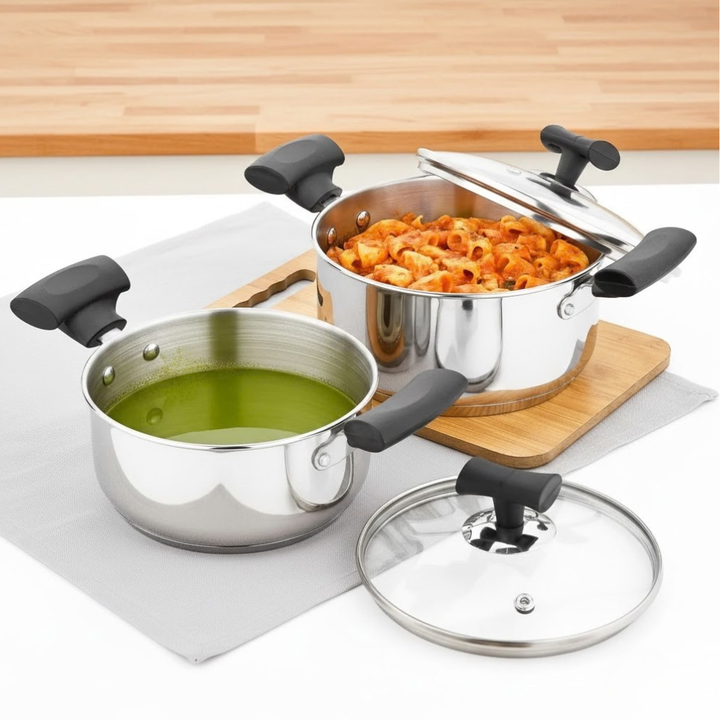 विनोद - डोनिव स्टेनलेस स्टील सैंडविच बॉटम सॉलिटेयर सॉस पॉट ग्लास लिड के साथ 2 पीस का सेट - 16 सेमी और 18 सेमी. (1.4 लीटर और 2.4 लीटर)