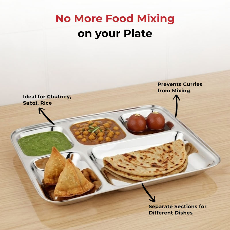 VINOD Stainless Steel 5 Compartment Plate with Square Edges, Lunch & Dinner Plate, Bhojan Thali, High Quality Steel, Rust Free [Pack of 2]