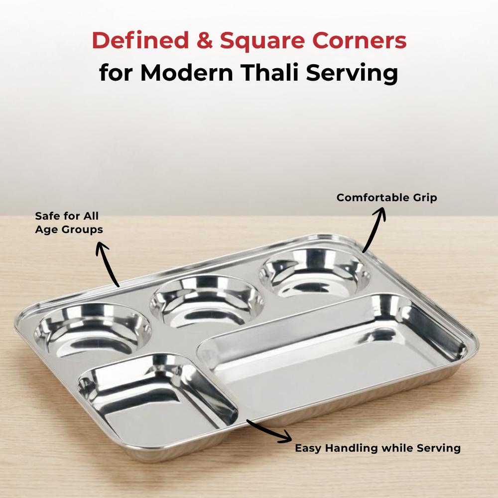 Vinod stainless steel 5 compartment plate with round edges, rust free [pack of 2], in-use view