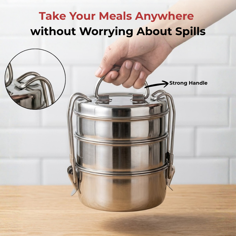 Vinod Stainless Steel Lunch Tiffin - 3 Compartment, in-use view