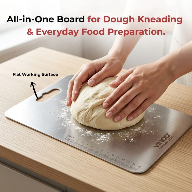 Vinod stainless steel chopping board, 30.5 by 20 cm, knife-friendly surface, in-use view