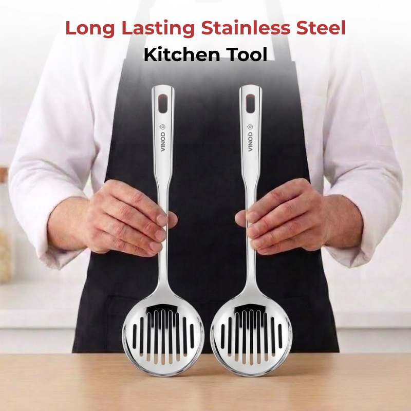 Vinod Stainless Steel Queens Skimmer Slotted Spoon Set of 2, in-use view
