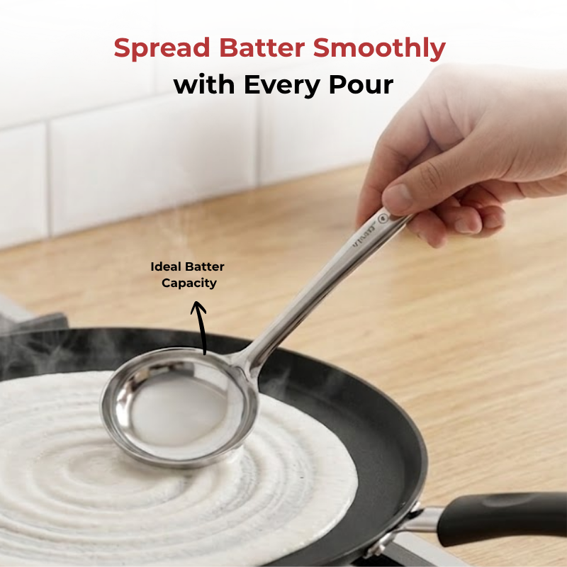 Vinod stainless steel dosa making spoon / ladle set of 2, in-use view