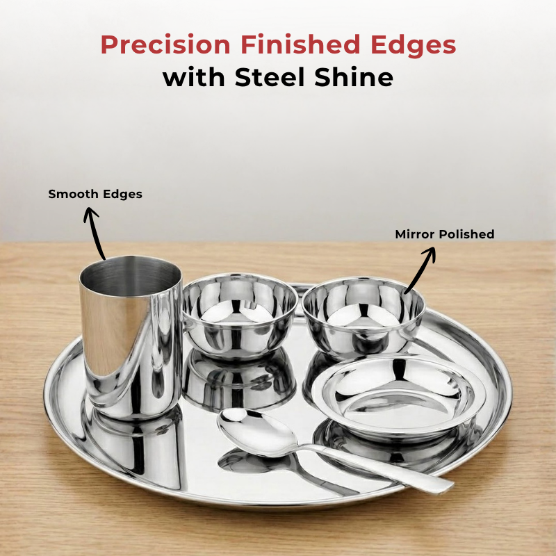 Vinod stainless steel Rajbhog thali 6 piece set with plate, bowls, glass and spoon, angled view