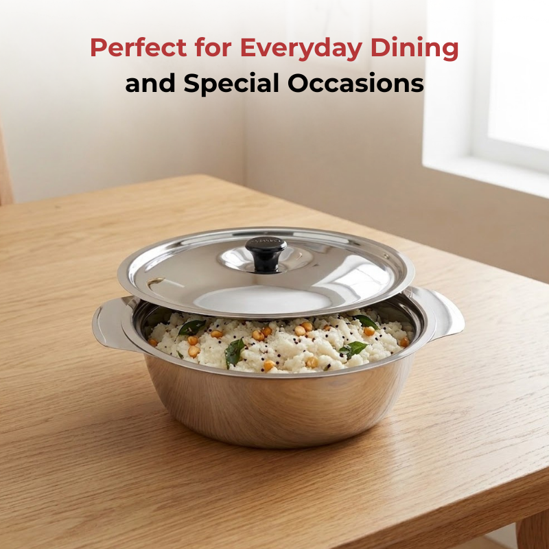 Vinod Stainless Steel Royal Veg Serving Dish with Cover, in-use view