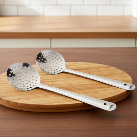 Vinod stainless steel cooking skimmer / steel jharni / jhara set of 2, 27 cm, front view