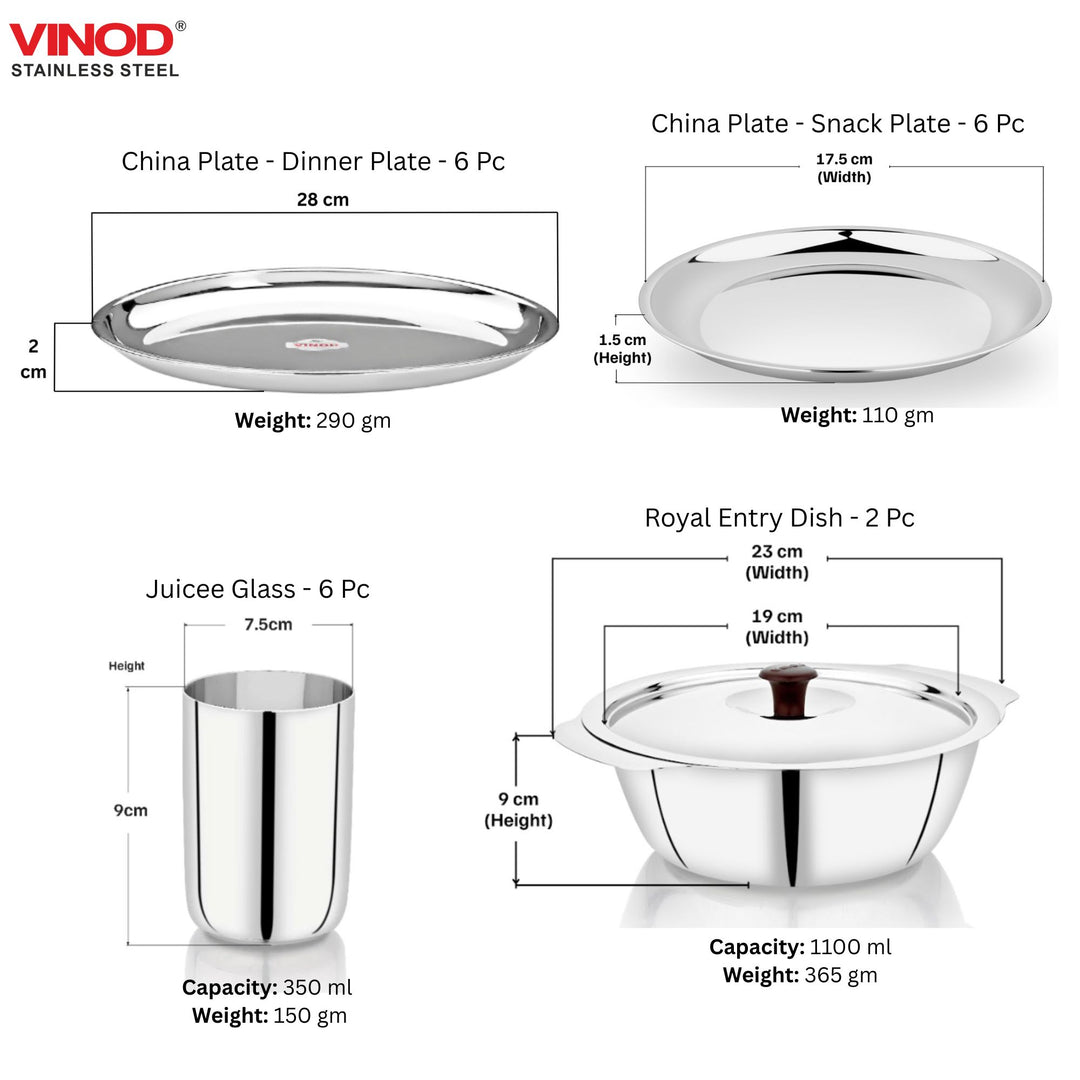 विनोद स्टेनलेस स्टील 51 पीस. छह लोगों के लिए डीलक्स डिनर सेट (दो बॉक्स में)