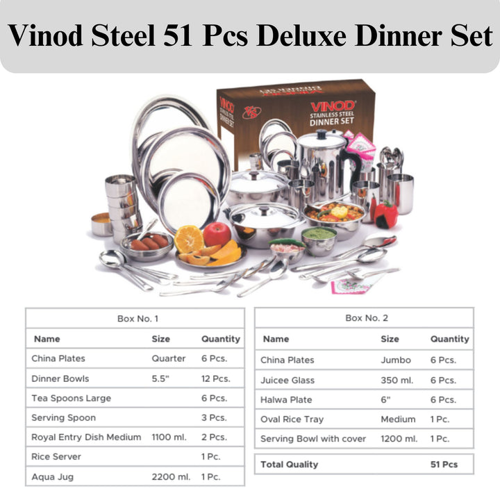विनोद स्टेनलेस स्टील 51 पीस. छह लोगों के लिए डीलक्स डिनर सेट (दो बॉक्स में)