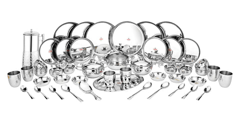 Vinod hammered stainless steel 51 piece dinner set, heavy gauge and dishwasher safe, full set group shot