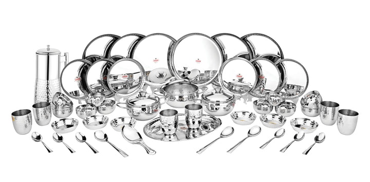 VINOD 51 Pieces Hammered Stainless Steel Dinner Set, Heavy Gauge steel, Tough and Strong, Durable shine, Dishwasher safe and ISI certified