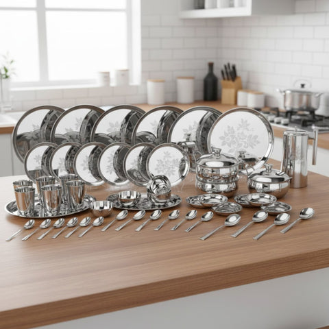 Vinod 58 piece laser stainless steel dinner set, full set group shot