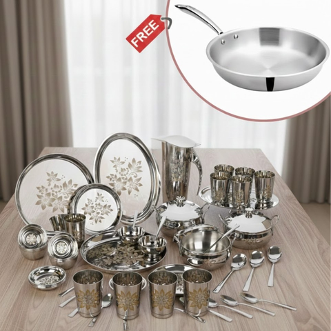 Vinod Doniv 58 piece laser dinner set with complimentary fry pan, front view