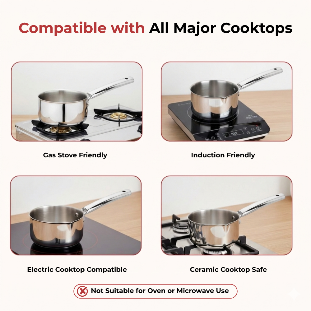 Vinod Doniv Titanium Triply Stainless Steel Milk Pan 16 cms, 1.60 Liter, close-up detail