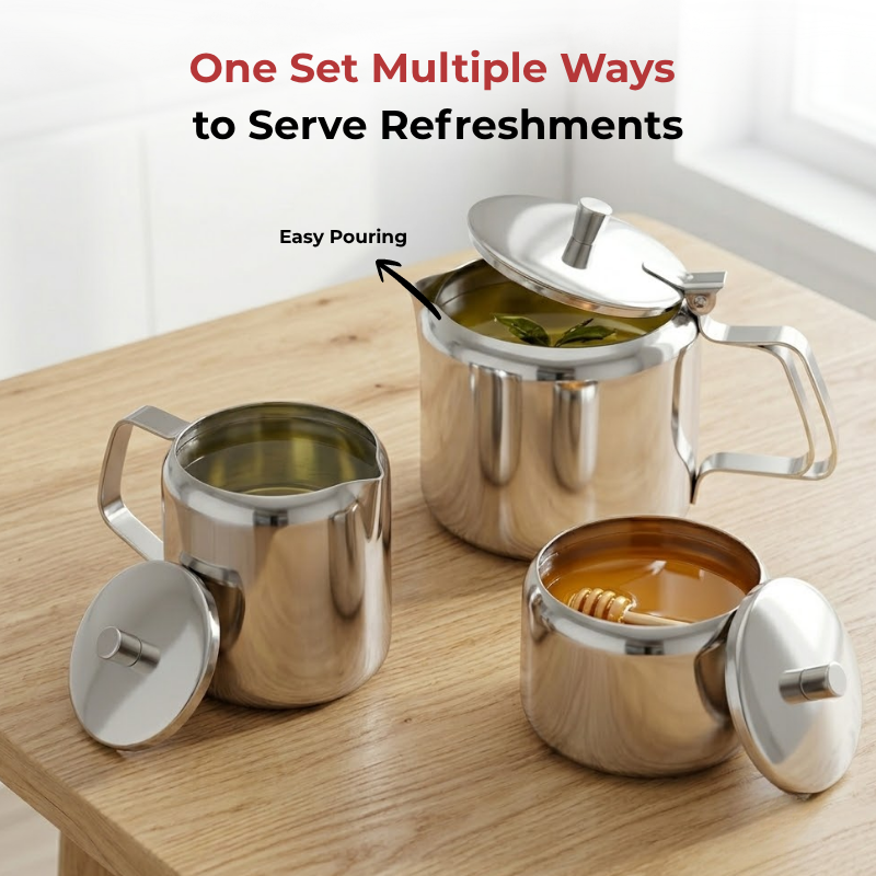 Vinod stainless steel 3 piece large tea set, 1000 ml tea pot with 250 ml milk and sugar pots, product view 7