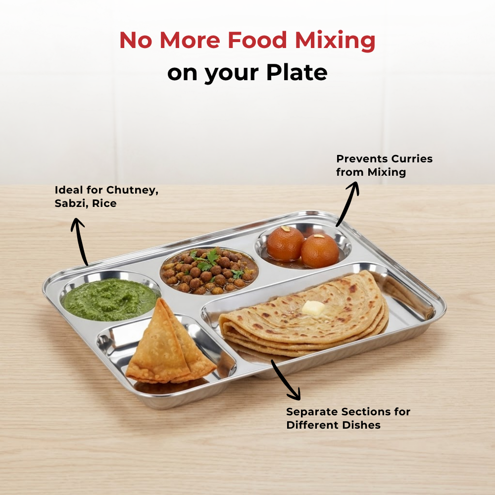 Vinod stainless steel 5 compartment plate with round edges, rust free [pack of 2], product view 7