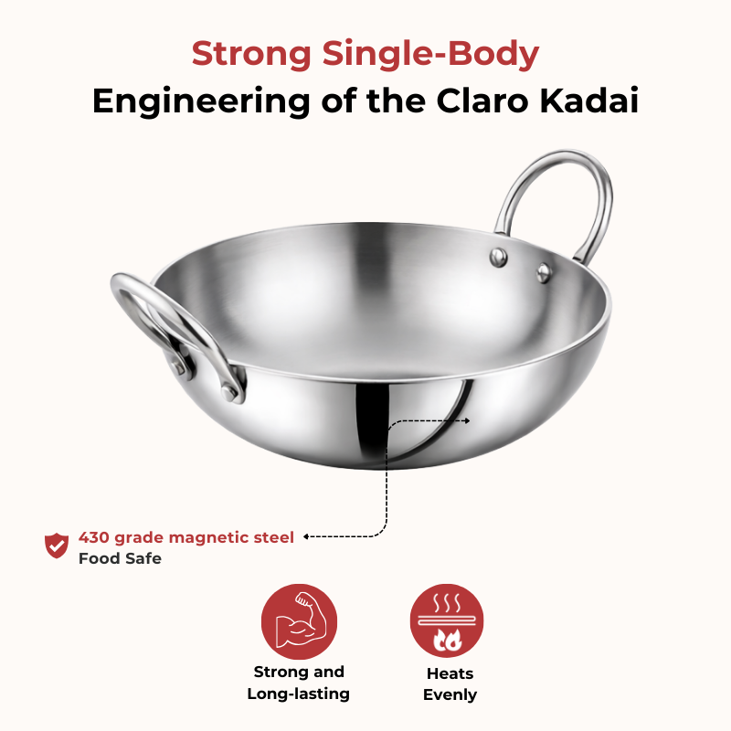 Vinod – Claro Heavy Gauge Stainless Steel Plain Kadai, 2.5 mm (800 ml)