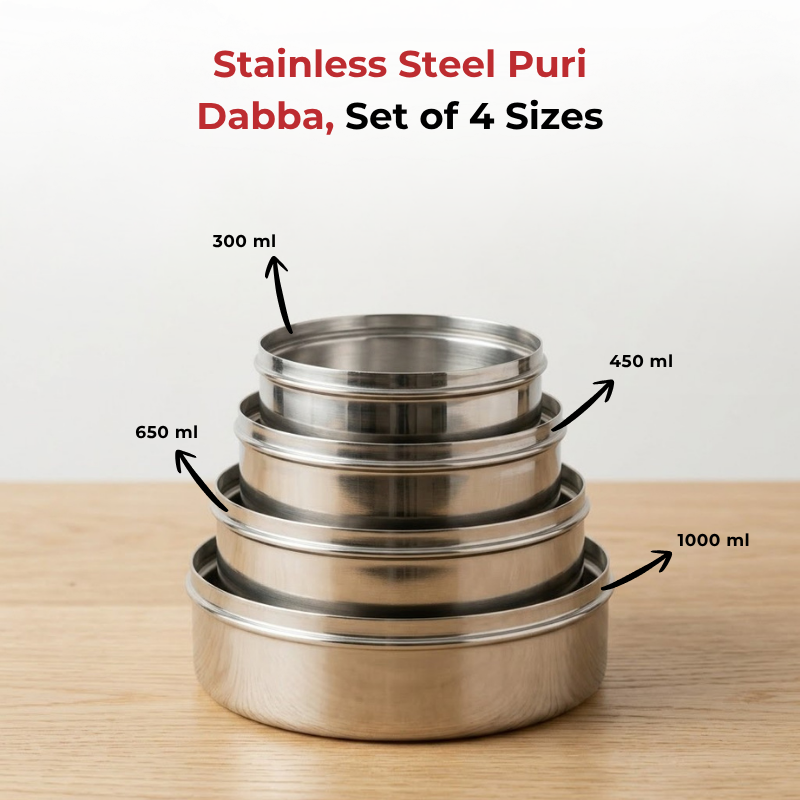 Vinod Stainless Steel Puri Dabba Set of 4 - 300 ml, 450 ml, 650 ml, 1000 ml, product view 7