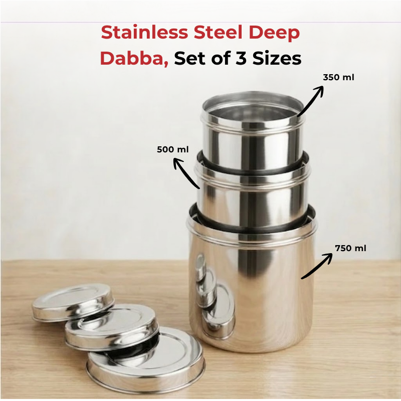 Vinod Stainless Steel Deep Dabba Set of 3 - 350 ml, 500 ml & 750 ml in Steel, product view 7