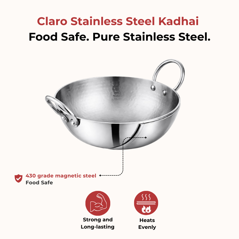 Vinod – Claro Heavy Gauge Stainless Steel Hammered Kadai, 2.5 mm (3900 ml)