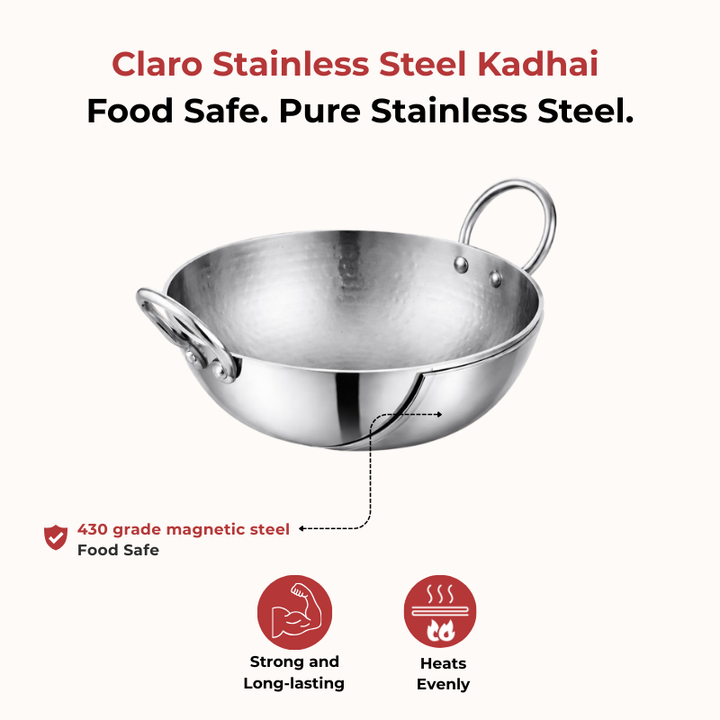 Vinod – Claro Heavy Gauge Stainless Steel Hammered Kadai, 2.5 mm (3900 ml)