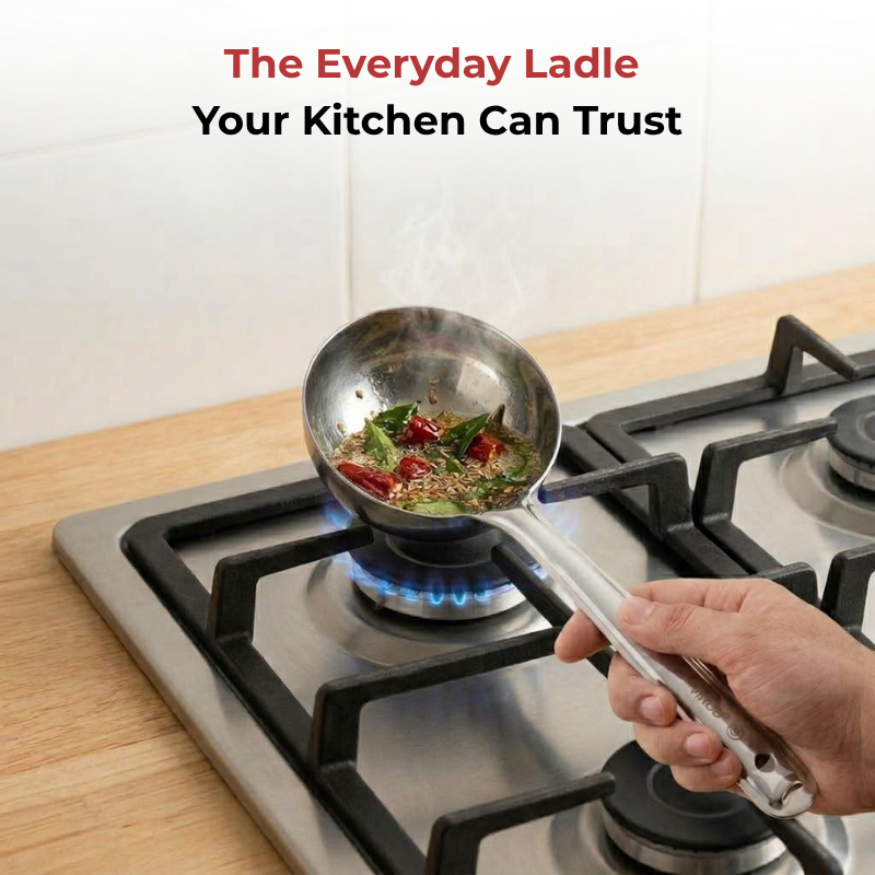 Vinod Stainless Steel Basting Serving Ladle / Serving Spoon / Karchi Set of 2, in-use view