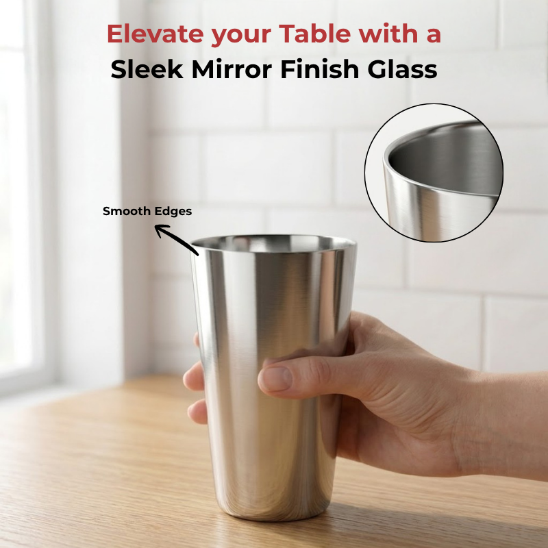 VINOD Stainless Steel Plain Glass Set of 6 - 300 ml with Highest Grade Steel, Mirror Finish, Rust Free, Easy to Clean and Dishwasher Safe