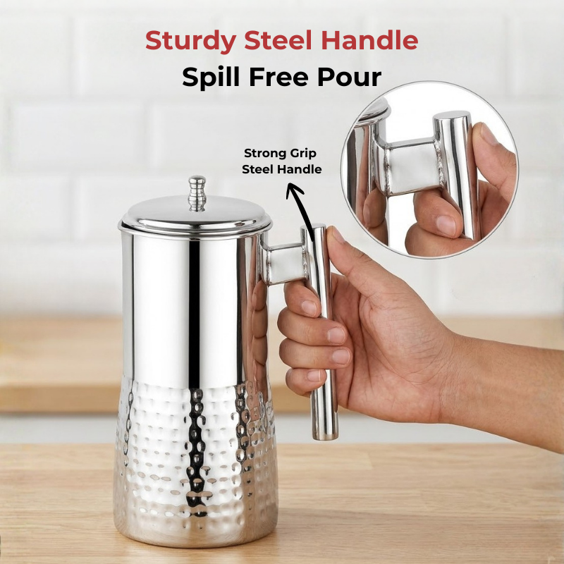 VINOD Stainless Steel Hammered Magnum Water Pitcher / Jug with Cover - 1700 ml, Premium Stainless Steel, Tough & Durable, Dishwasher safe