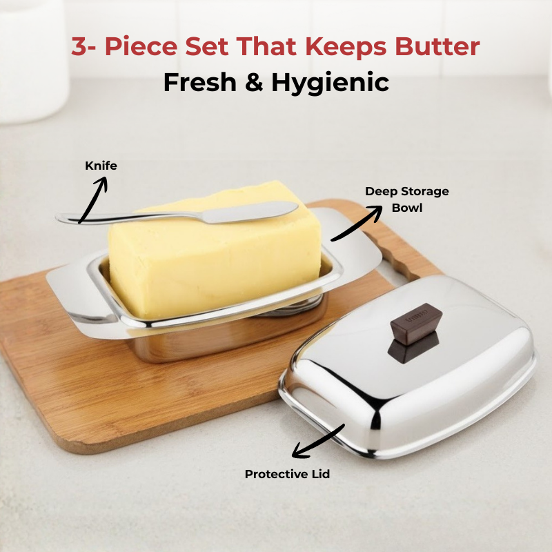 Vinod Stainless Steel Butter Dish With Butter Knife & Lid, in-use view