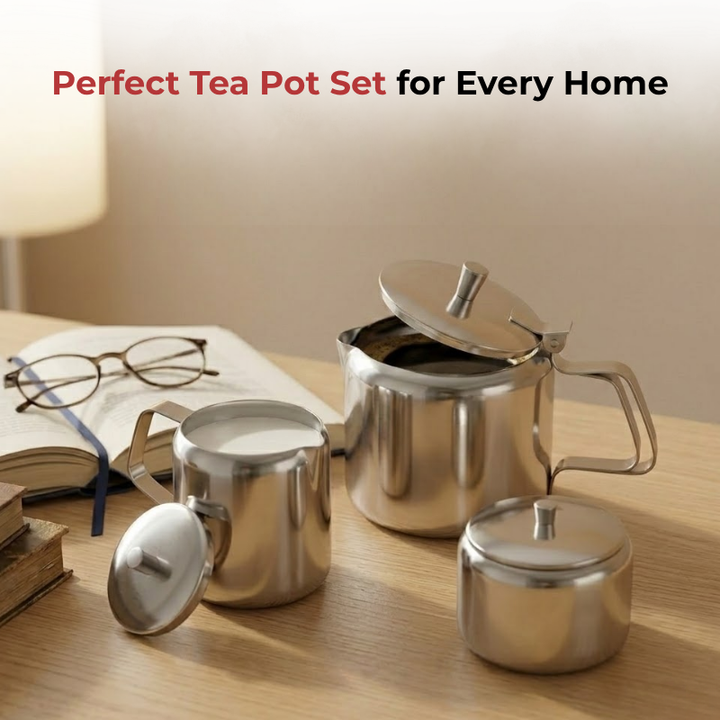 VINOD Stainless Steel 3 Pieces Small Tea Set - Tea Pot 500 ml, Milk Pot 170 ml & 1 Sugar Pot 170 ml, Highest Grade Steel, Mirror Finish, Rust Free