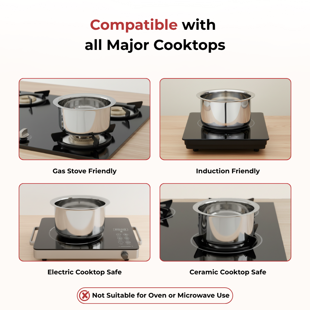 Vinod Stainless Steel Induction Friendly Flat Bottom Cooking Tope With 1.5mm Thickness | 18 Gauge Durable Steel  4 Pcs | Capacity 350ml, 500ml and 750ml  | No 7 to 10