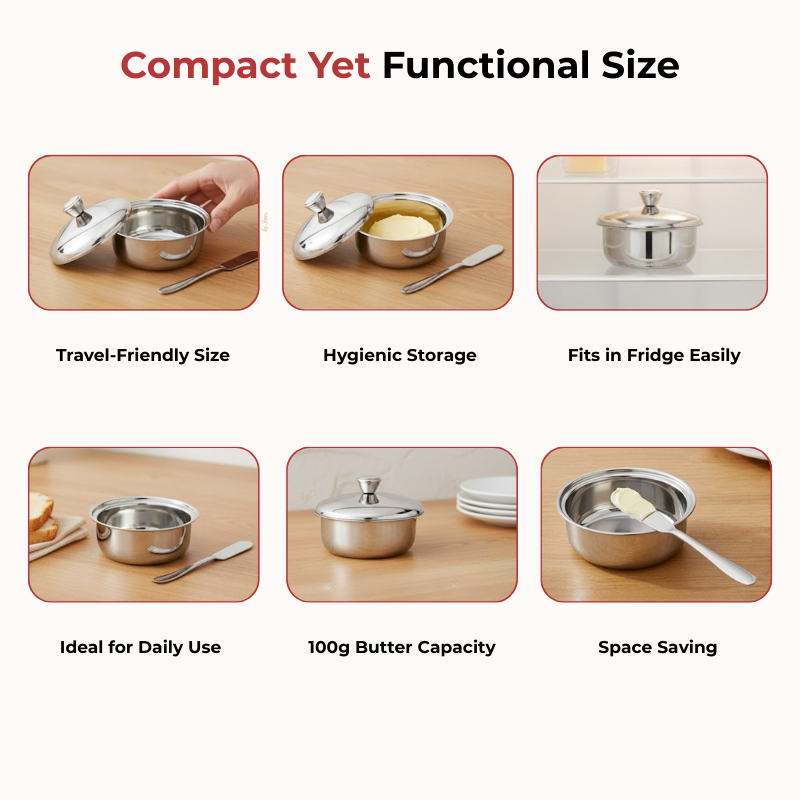 Vinod Stainless Steel Butter Pot with Butter Knife & Lid 100 gram Capacity, in-use view