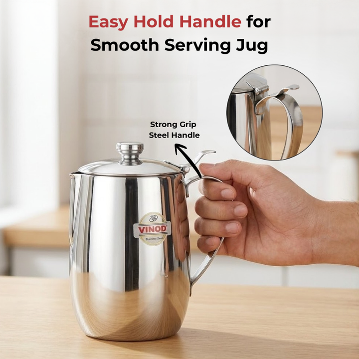 VINOD Stainless Steel Delux Jug Covered - 1400 ml with High Grade Stainless Steel, Mirror Finish, Leakage Proof, Tough & Durable